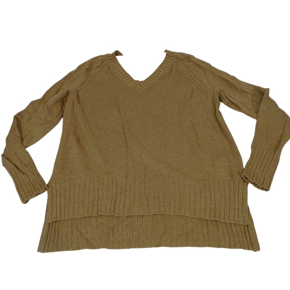 Old Navy Camel Brown Rib Trim V-Neck Sweater Women Size M Long Sleeve Side Slit